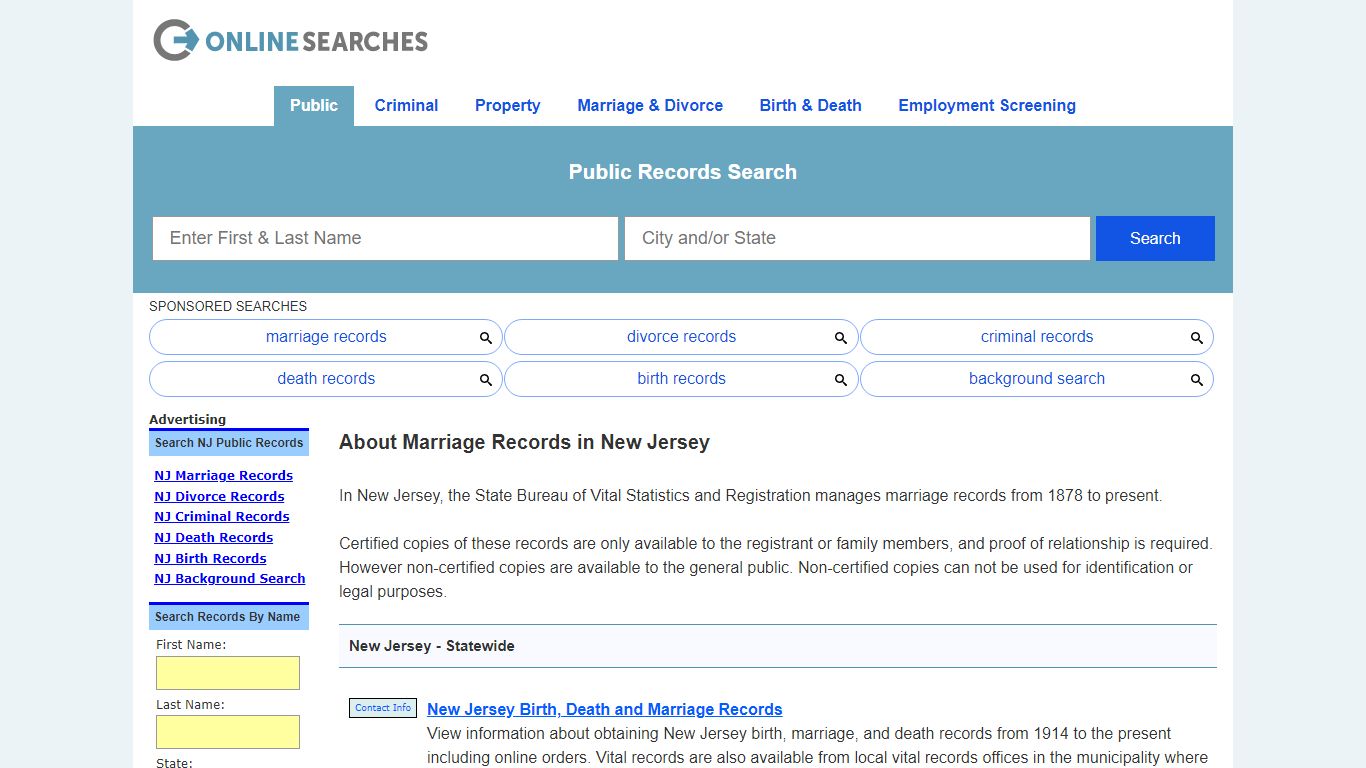 New Jersey Marriage Records Search Directory - OnlineSearches.com